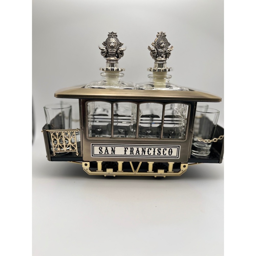 Vintage San Francisco Cable Car Decanter Set 2 Bottles 4 Shot Glasses Trolley